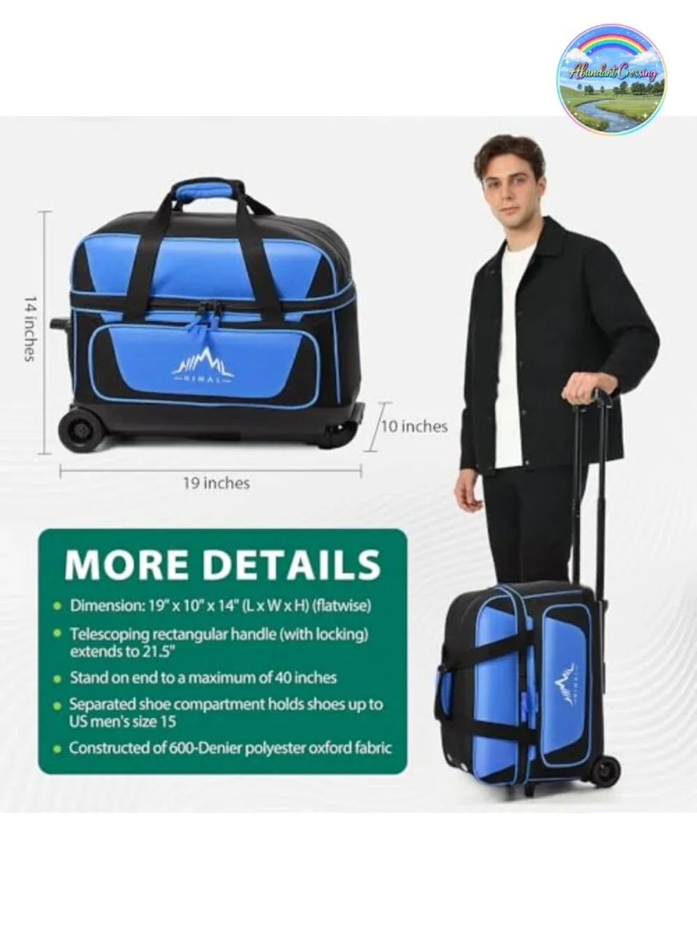 2-Ball Bowling Bag with Wheels, Retractable Handle, Separate Shoe Compartment,